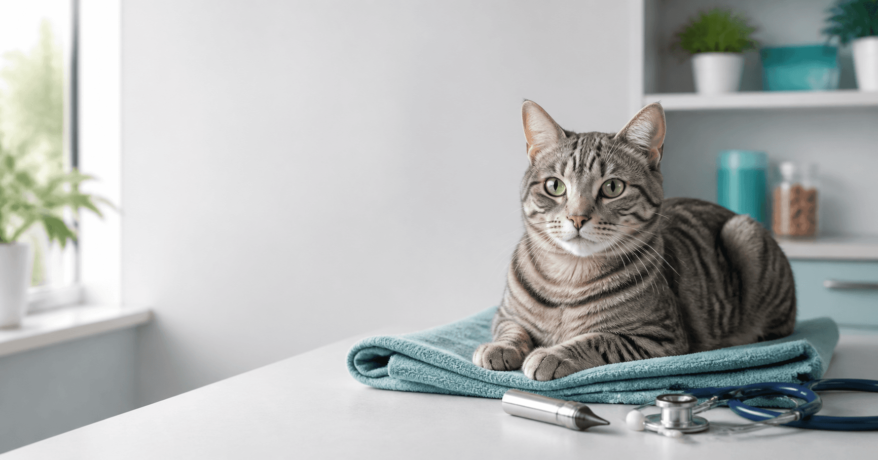 Calm cat in a bright veterinary consultation room