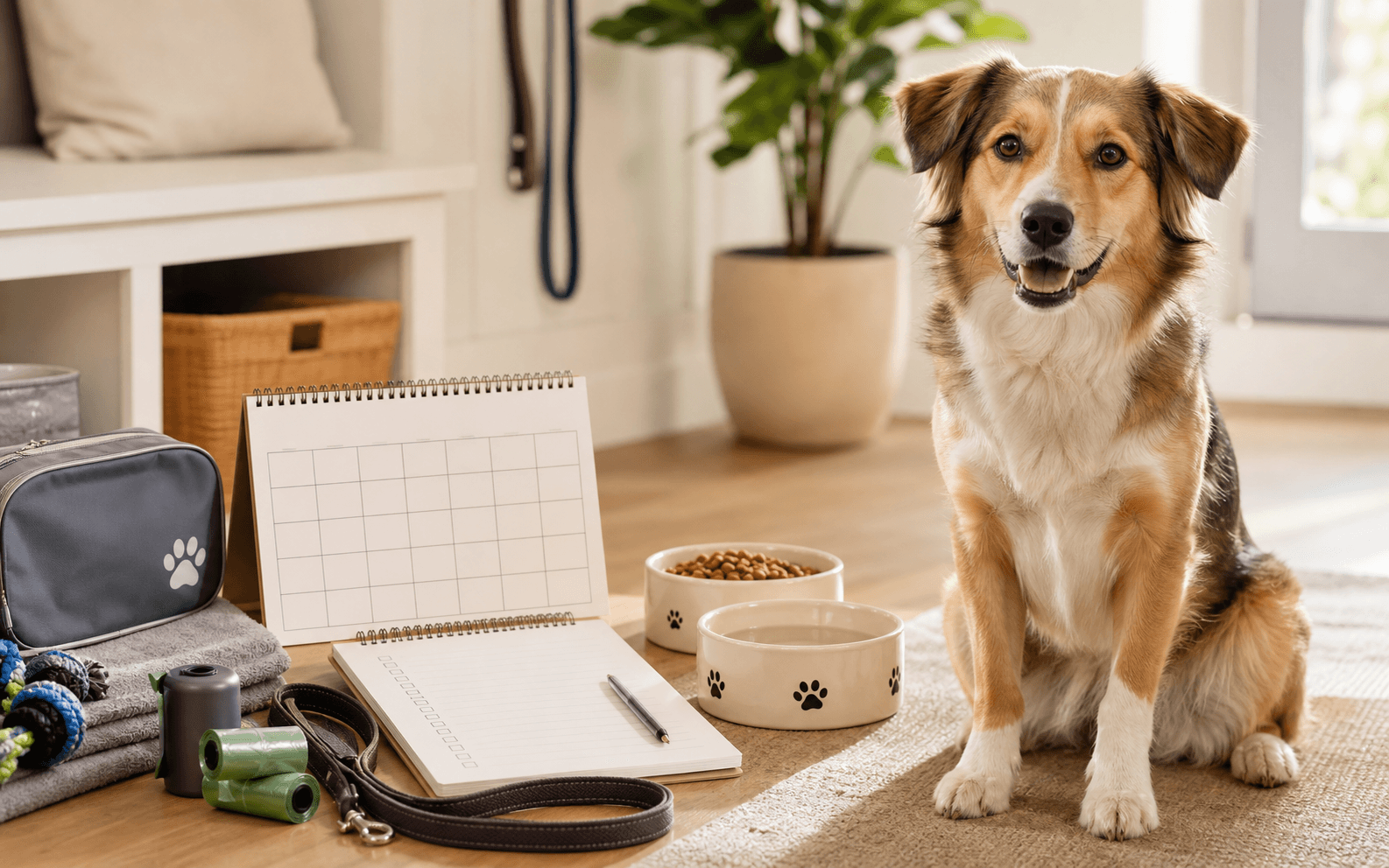 A calm dog sitting near a veterinarian, representing reliable dog care guidance