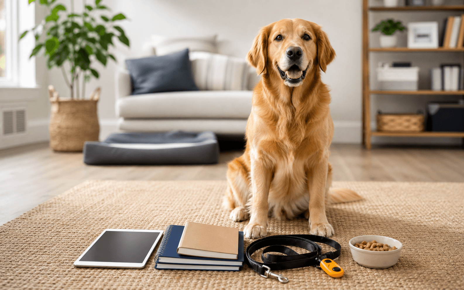 A calm dog in a clean home setting representing structured dog training