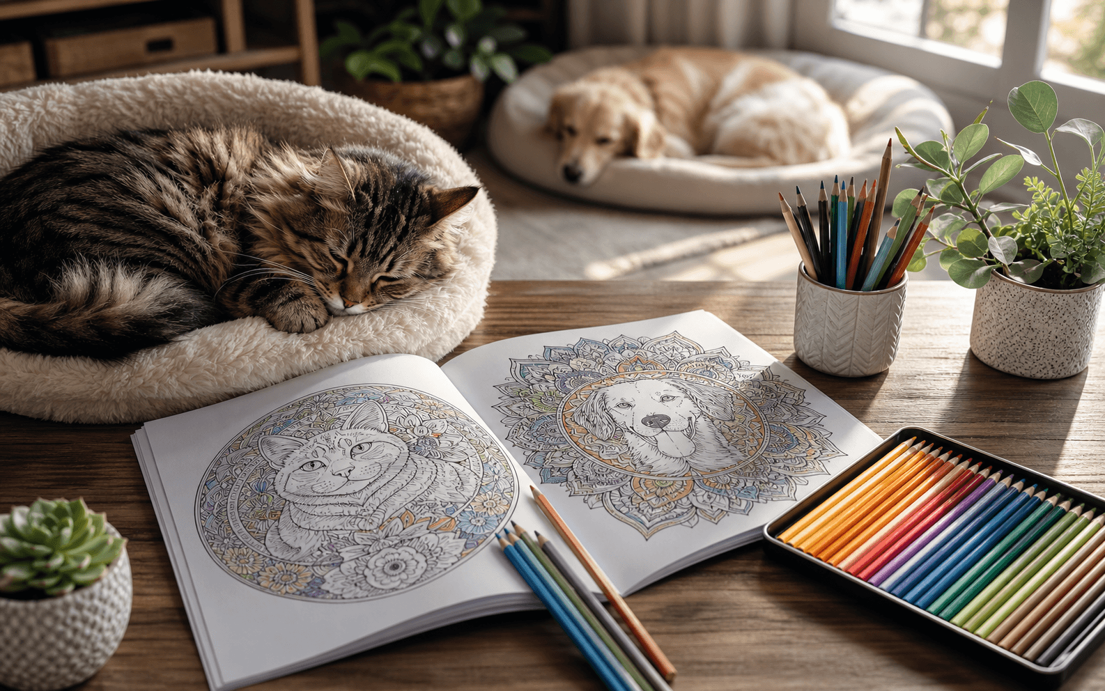 A relaxed cat in a clean home setting representing a calming pet-themed activity