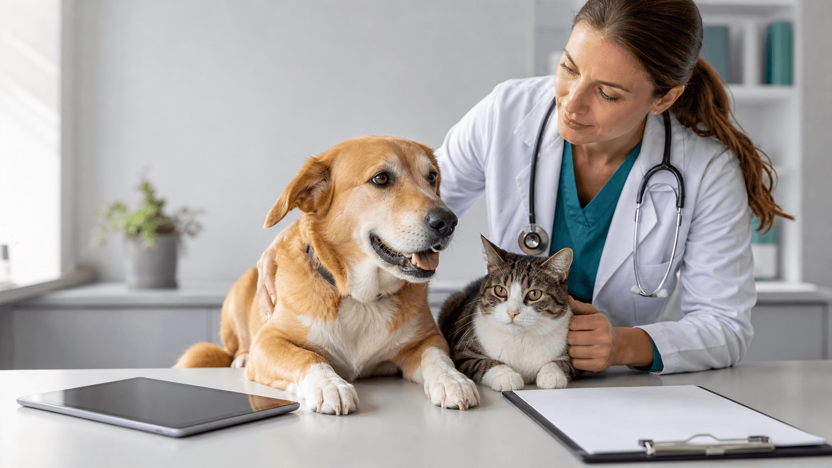 Veterinary consultation scene with a calm dog and cat